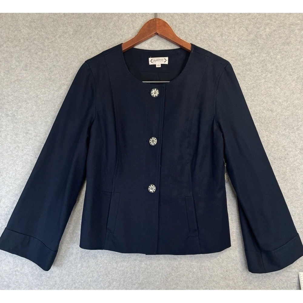 Nanette Lepore‎ Navy Stretch Blazer 12 NWOT Floral Crystal Button Career - Picture 2 of 16
